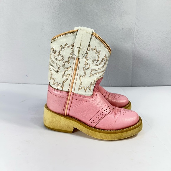 Old West Girls Pink/White Leather Embroidered Western Square Toe Boots Size 7 - Picture 1 of 12